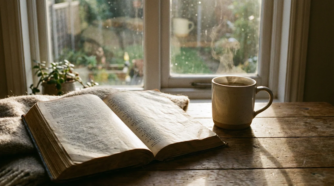 An open Bible and a warm mug sit in morning light, inviting prayer.
