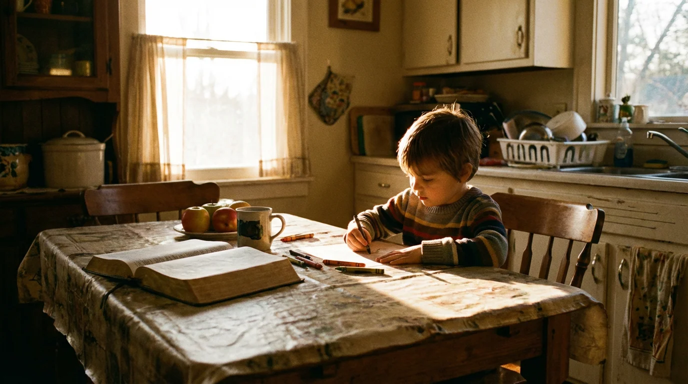 A warm kitchen table at dawn with a Bible and a child’s drawing, suggesting welcome and hope.