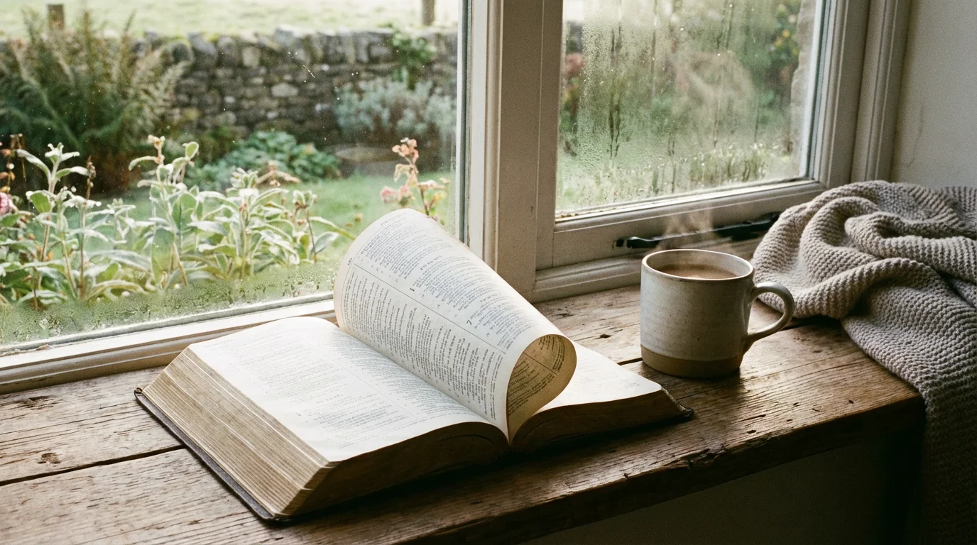 A peaceful morning with an open Bible and a warm mug by the window.
