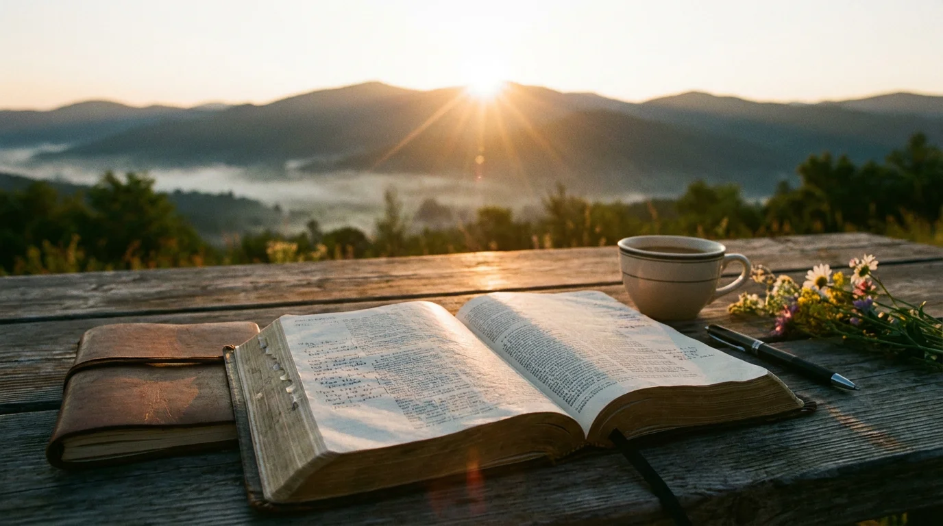 Soft sunrise light over an open Bible and journal in a peaceful room.