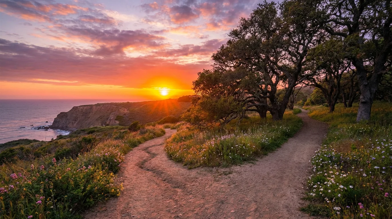 A sunset path gently dividing into two trails, inviting thoughtful reflection.