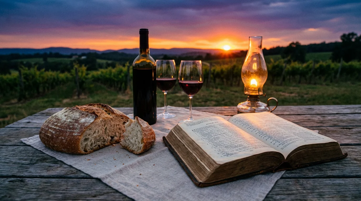 A quiet table scene with bread, a glass of wine, and an open Bible at dusk.