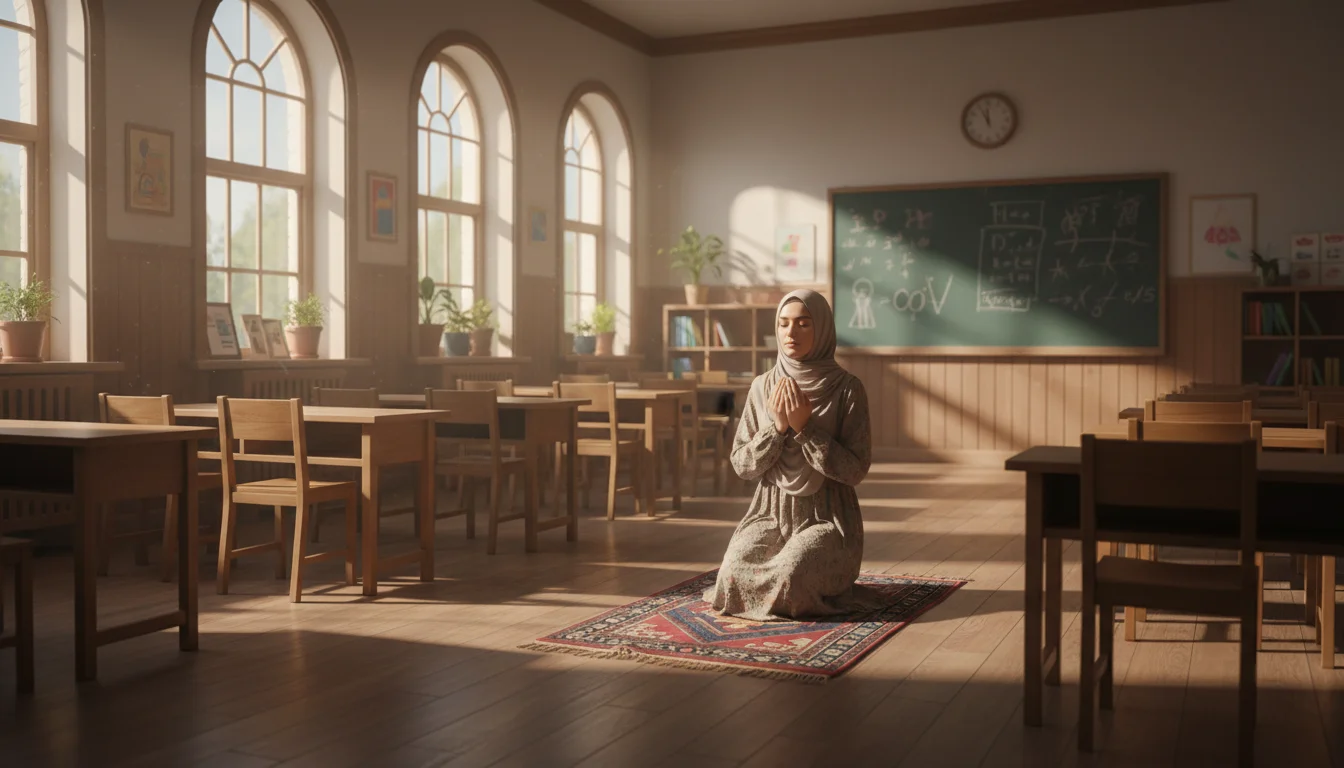 A teacher pauses in a quiet, sunlit classroom to pray before students arrive.