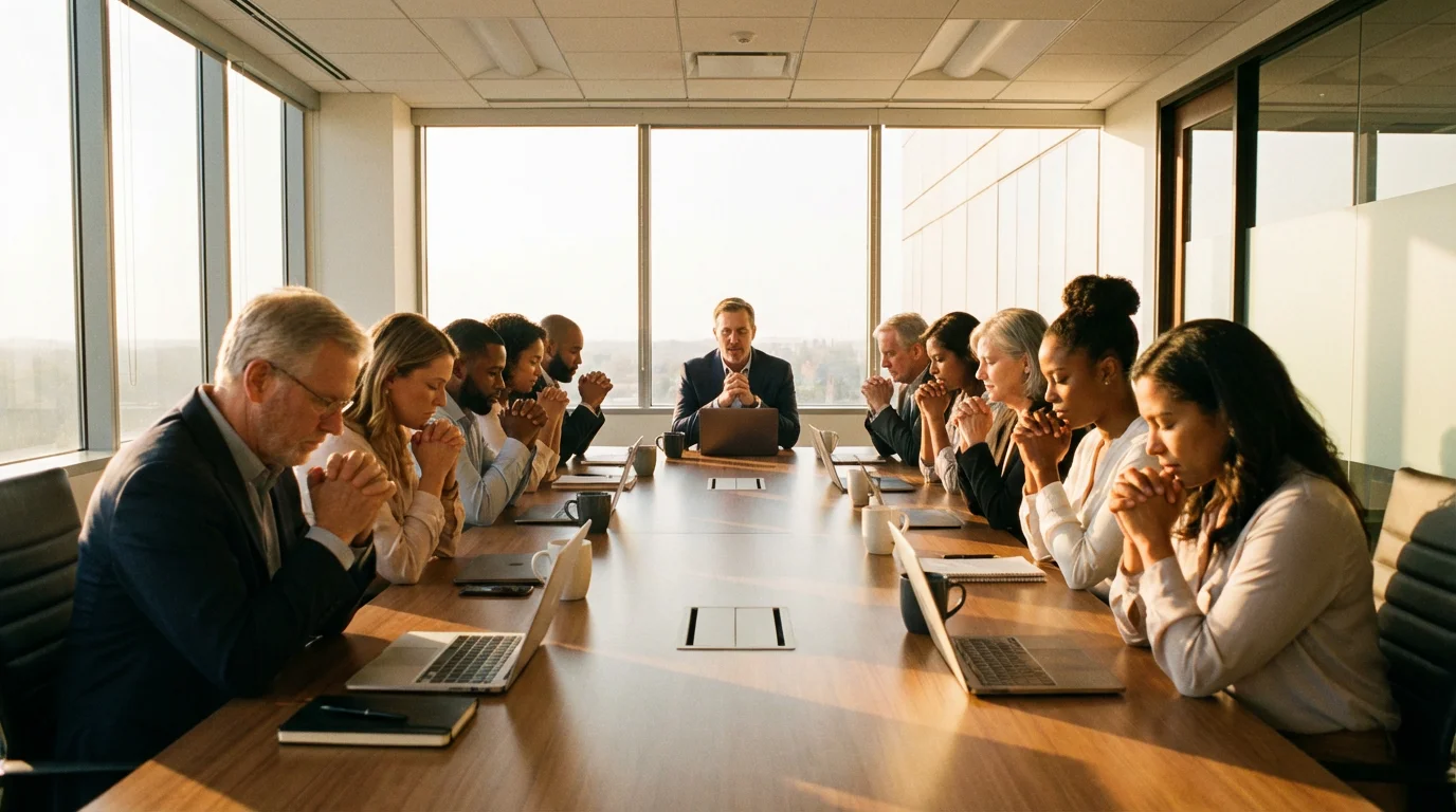 A small team pauses in quiet prayer around a conference table before a meeting.