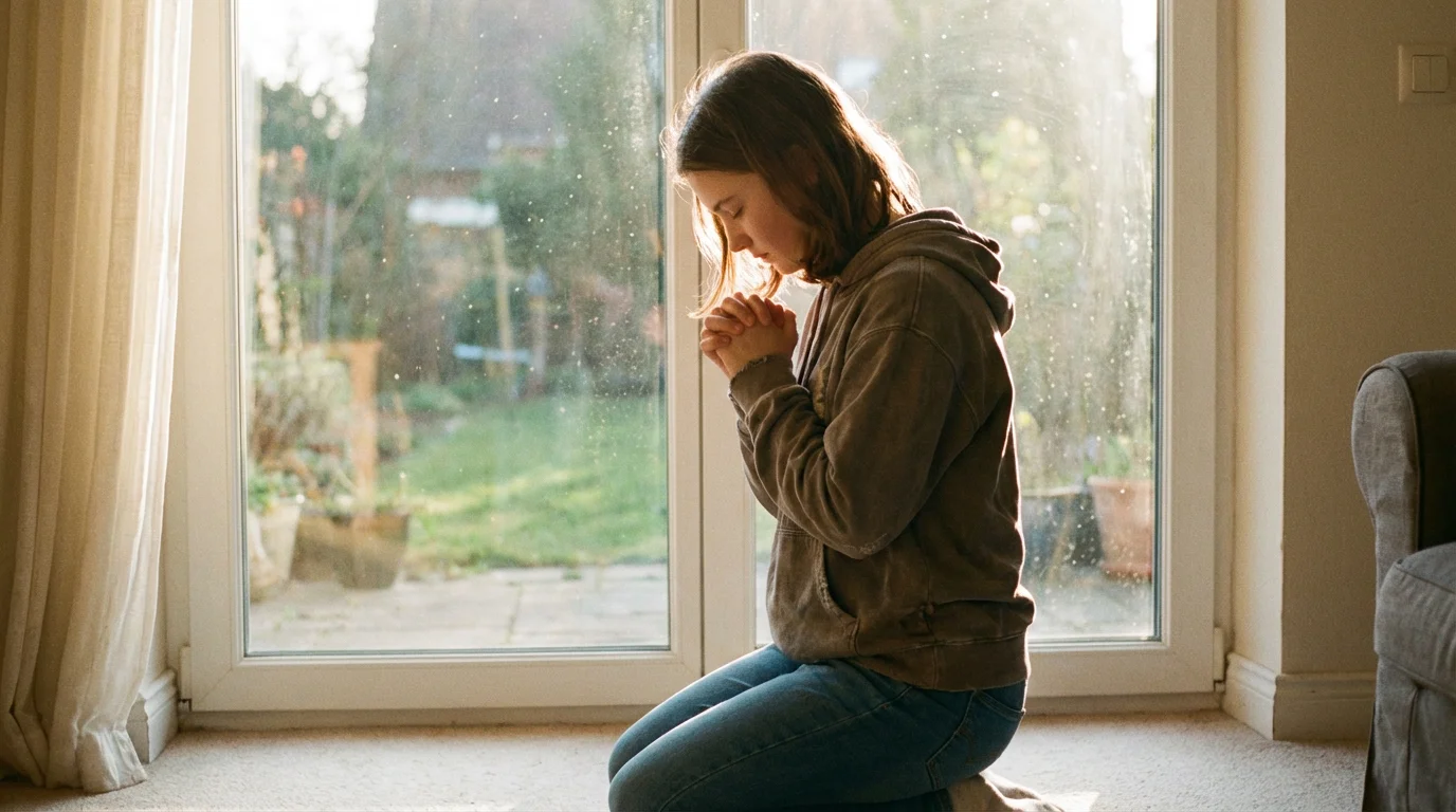Teen sitting in quiet morning light, pausing to pray before the day.