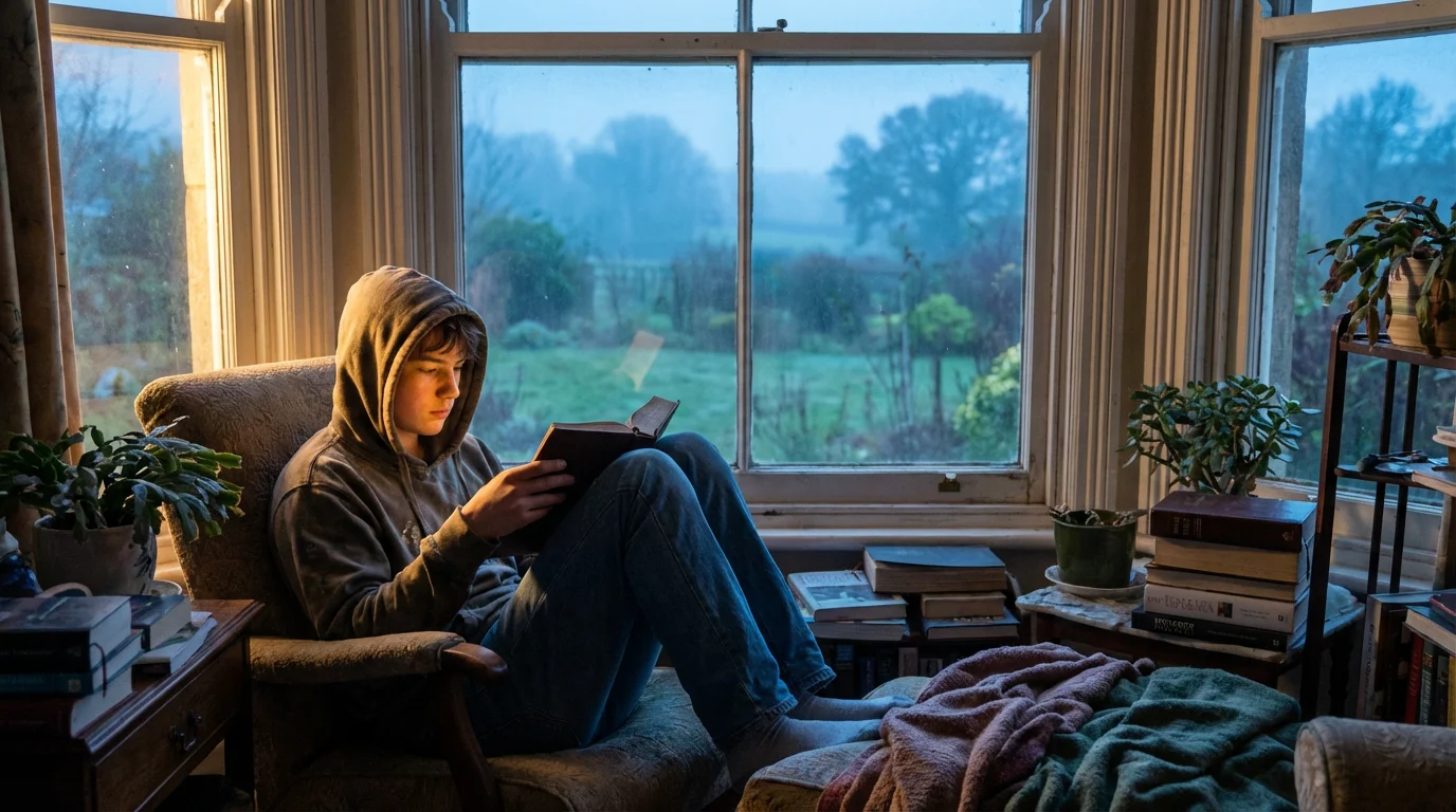 Teen reading a Bible by a bedroom window at dawn.