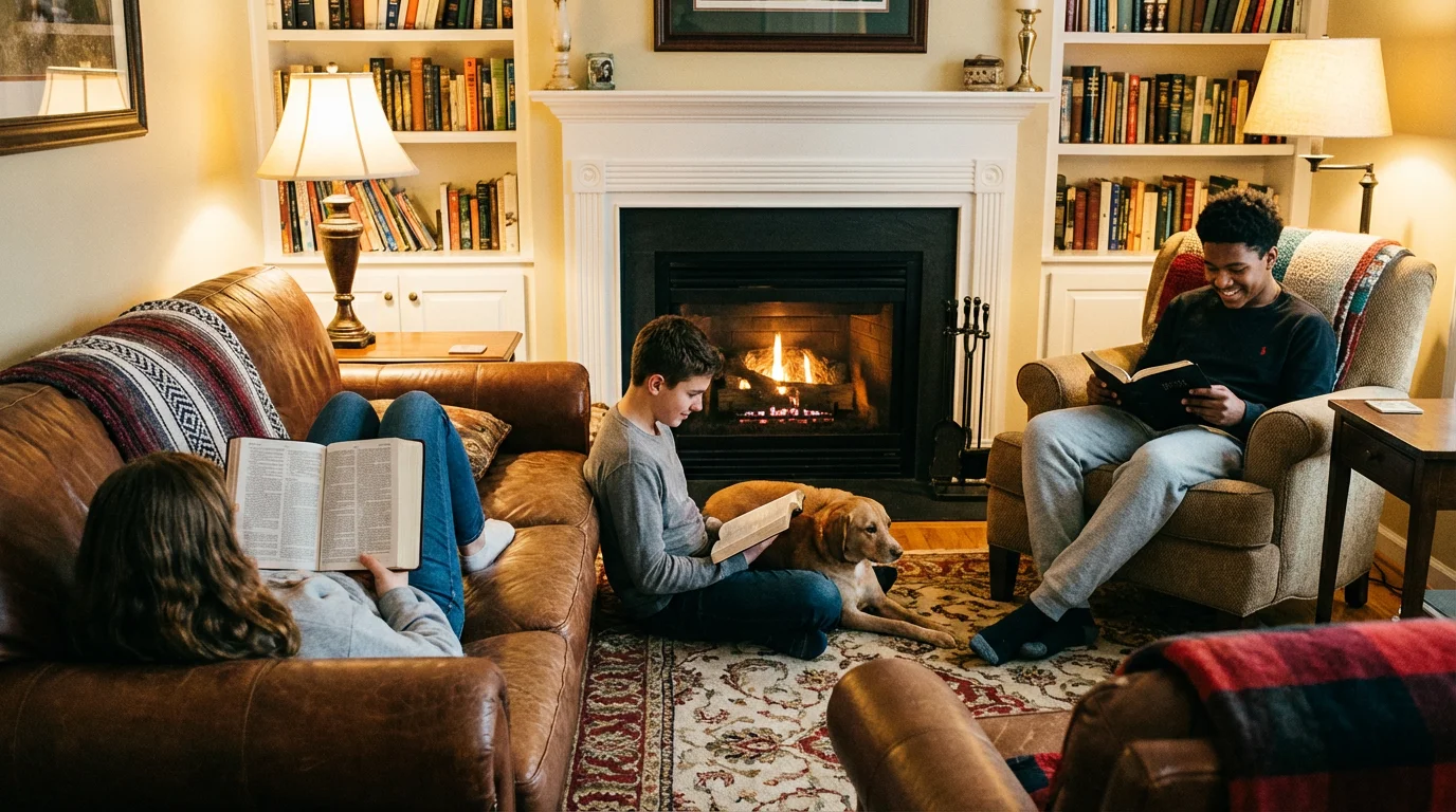 Teens sit in a warm living room reading the Bible together.