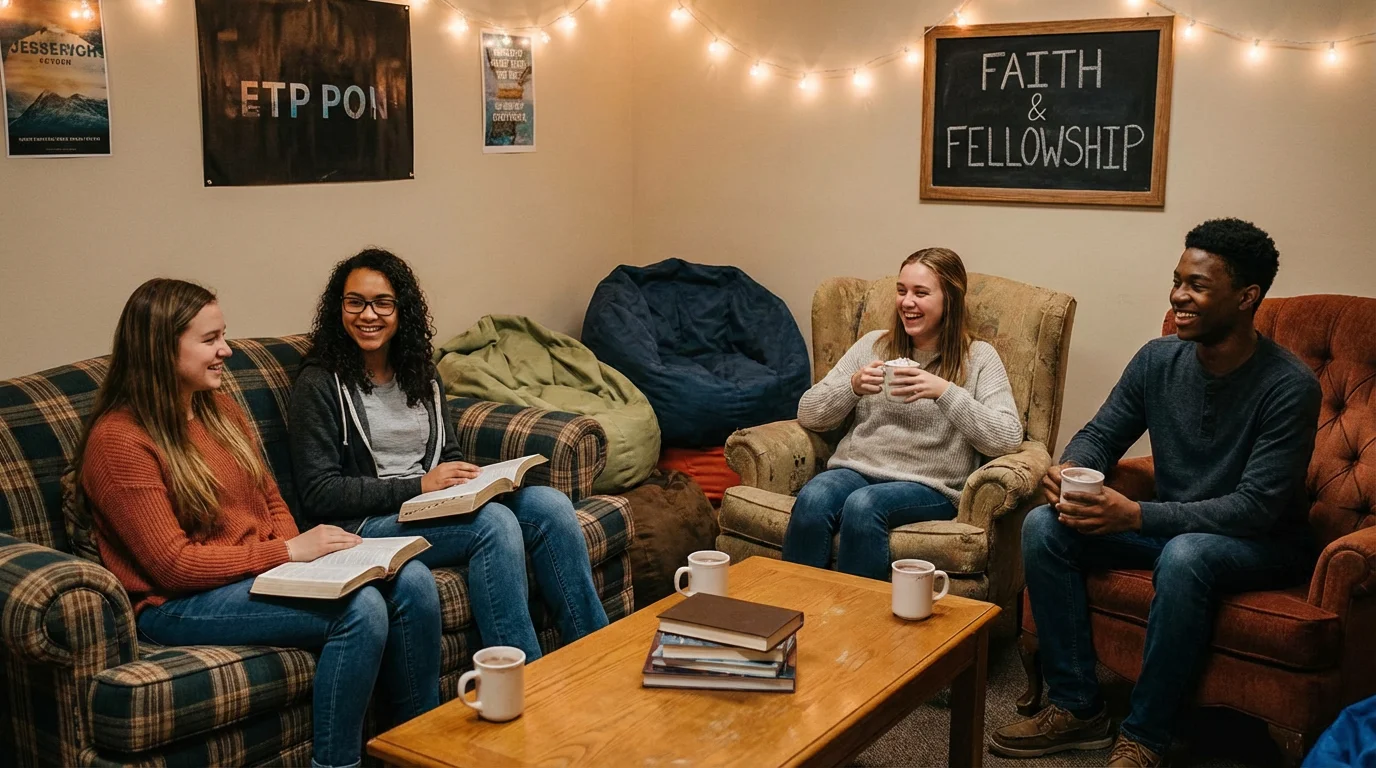 Teens gather in a cozy youth room with Bibles, cocoa, and conversation.