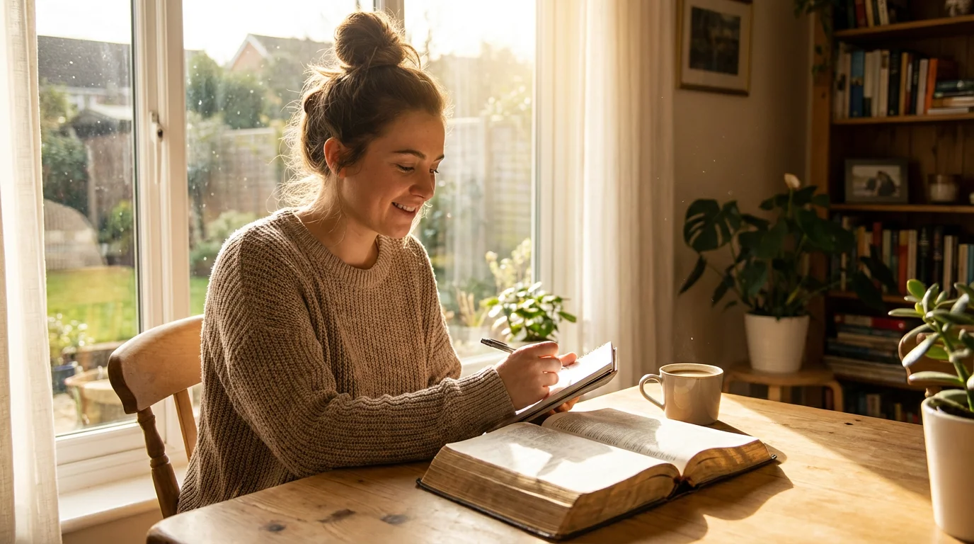A young believer studies Scripture by morning light with open scrolls.
