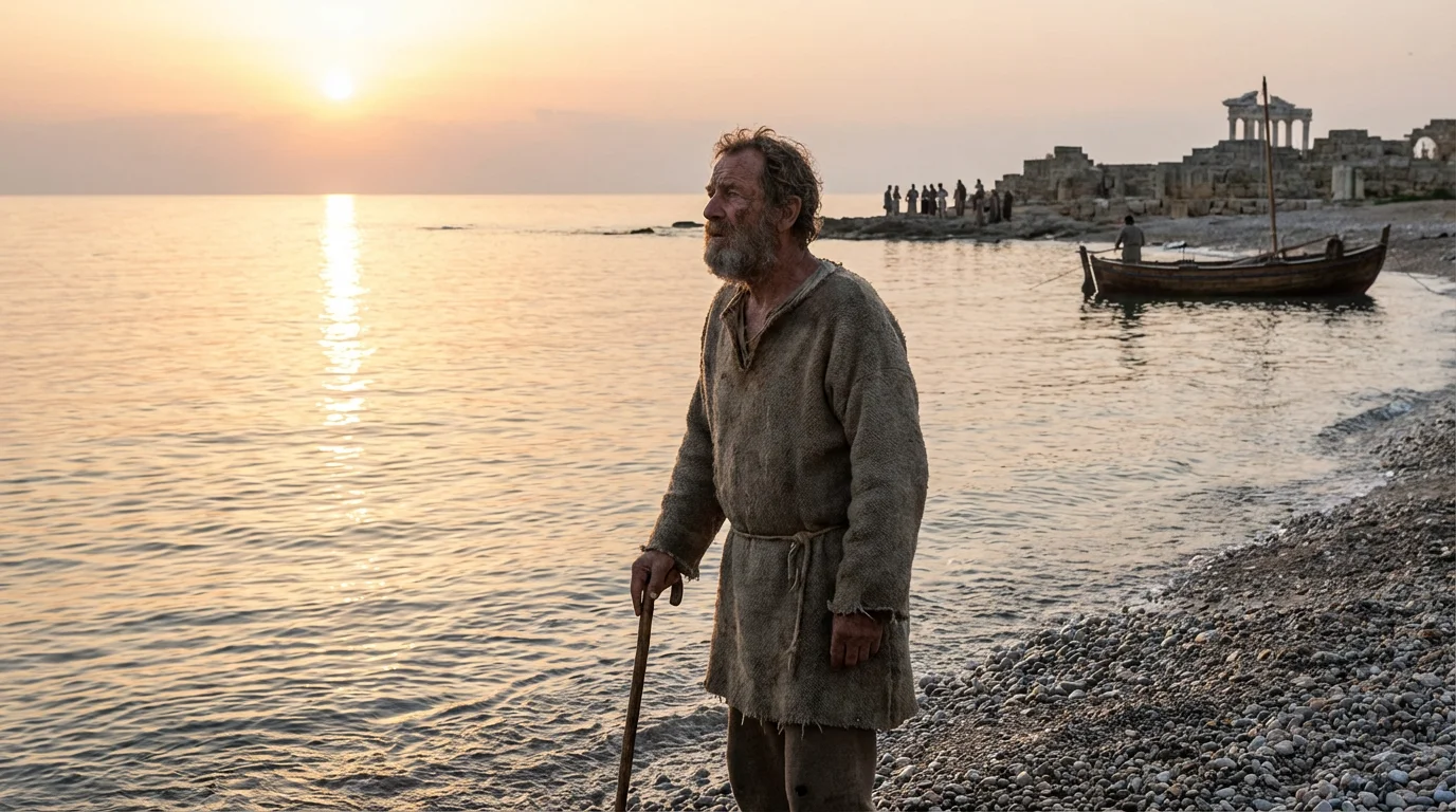 A thoughtful early Christian leader stands by a Mediterranean shoreline at dawn.