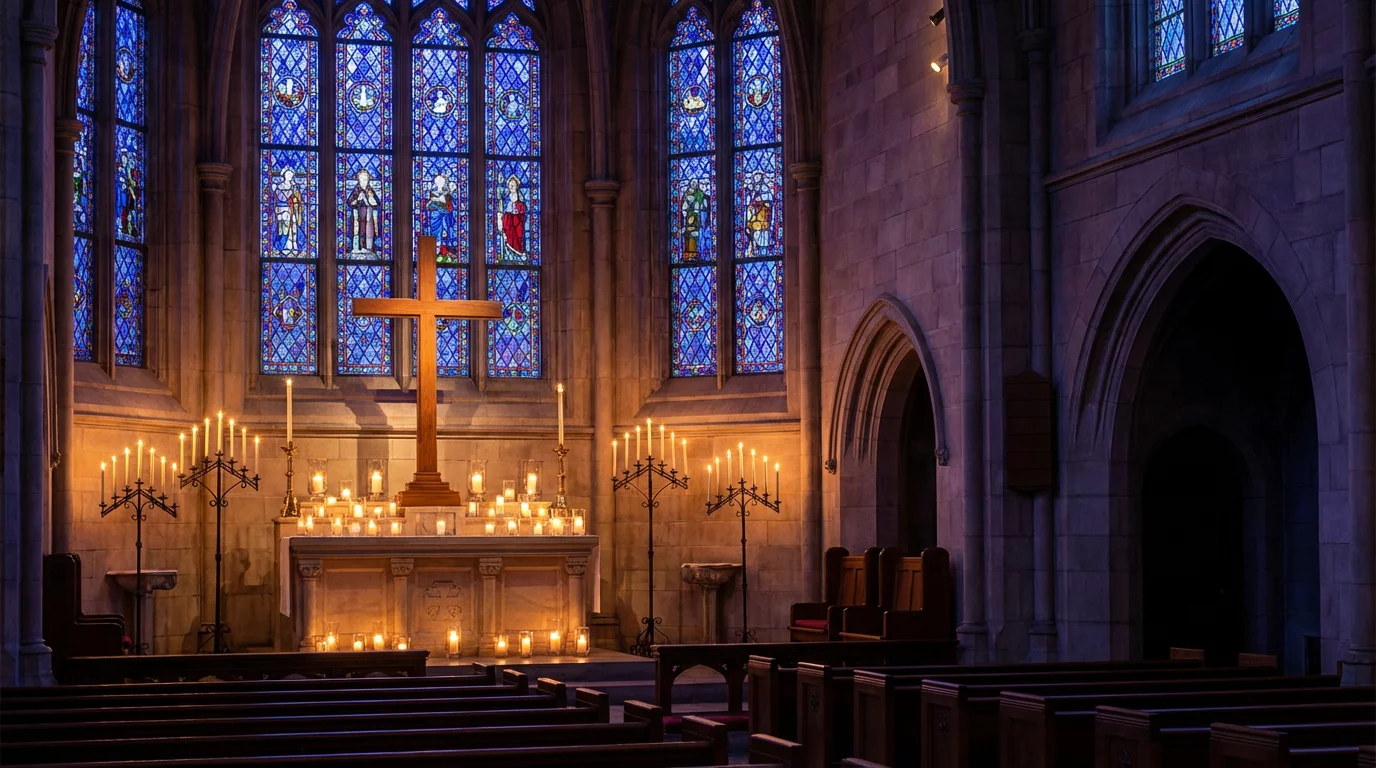 A quiet sanctuary at twilight with a wooden cross and soft candlelight.