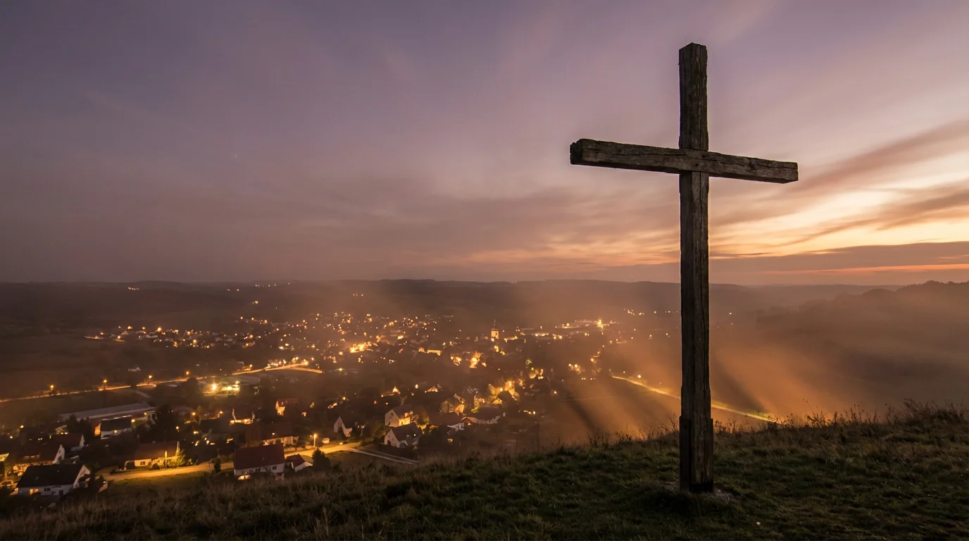 A simple wooden cross on a hill at twilight overlooking a quiet town.