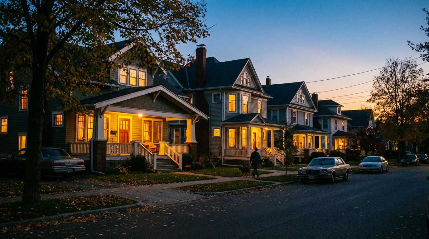 A calm neighborhood street at twilight with warm porch lights and neighbors talking.