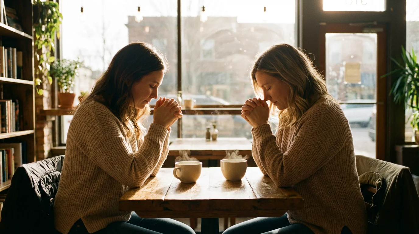 Two friends share prayer and conversation over coffee at a kitchen table.