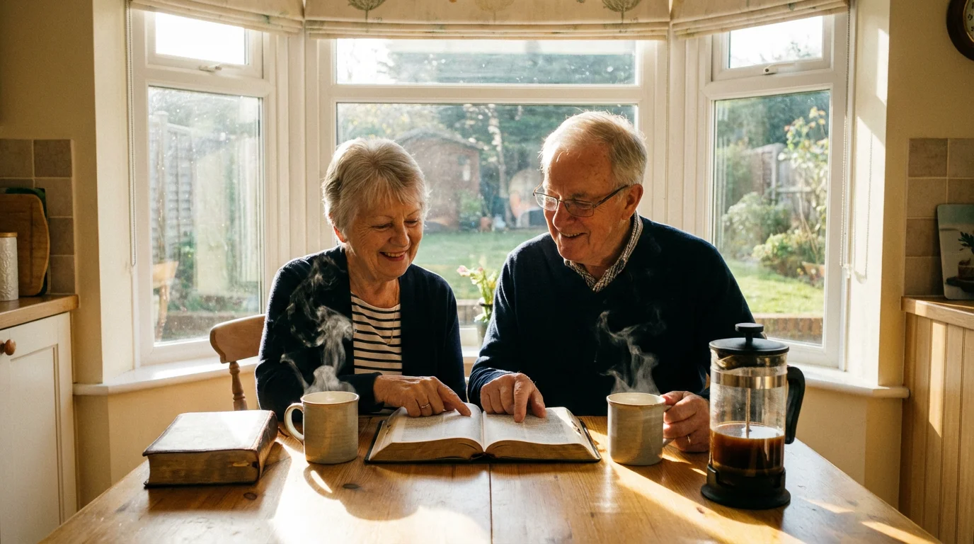 Two people share Scripture and conversation over coffee in morning light.