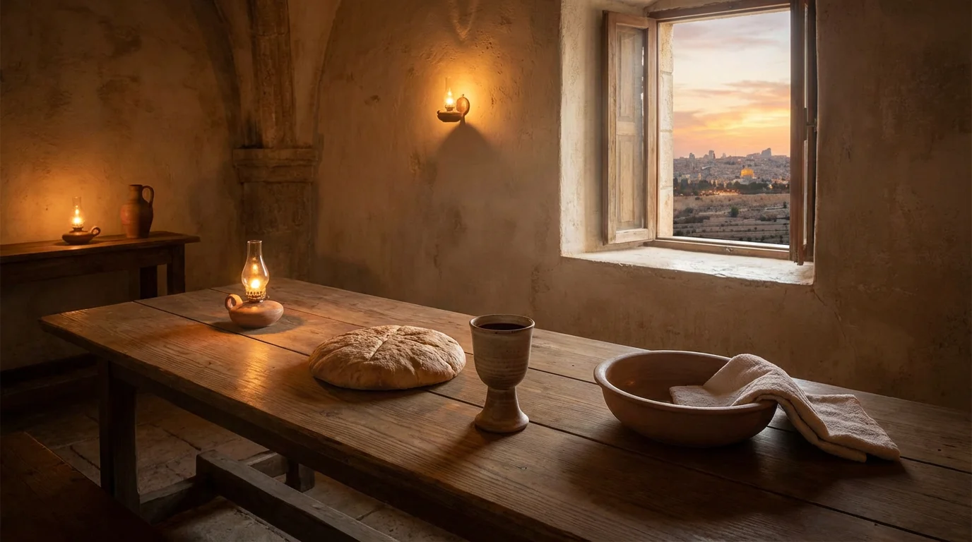 A simple upper room table with bread, a cup, and a towel beside a basin at dusk.