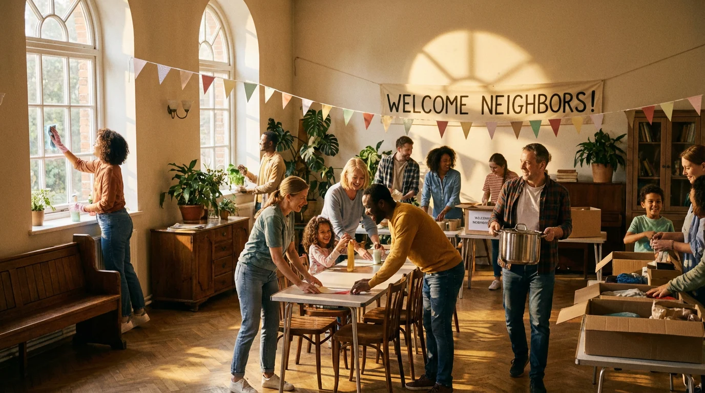 Volunteers prepare a sunlit community hall with quiet focus and warmth.