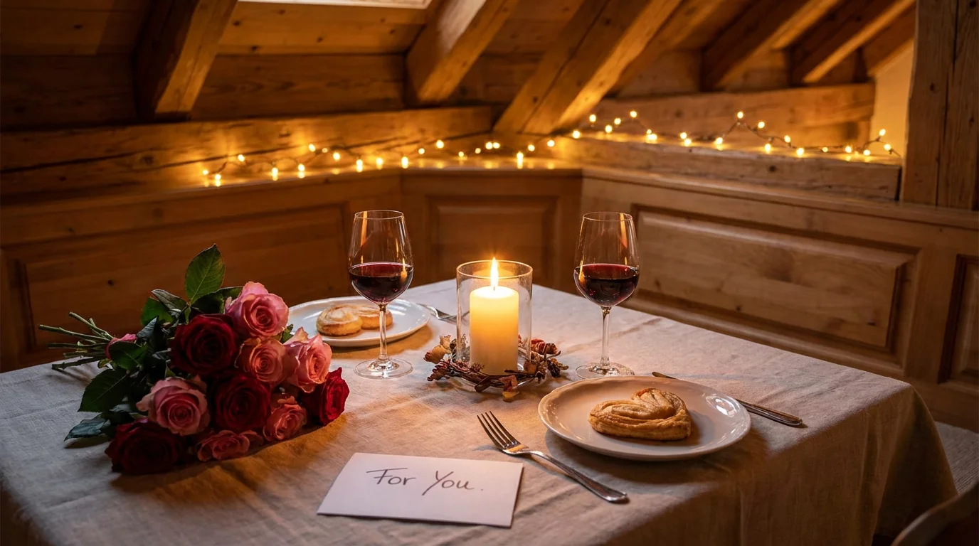 A simple, warmly lit table set for a gentle Valentine’s evening.