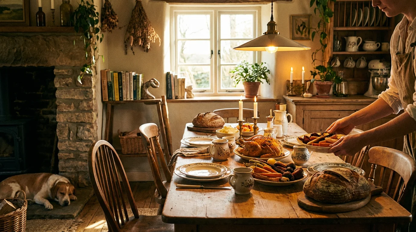 A simple, warmly lit kitchen table set for a welcoming meal.