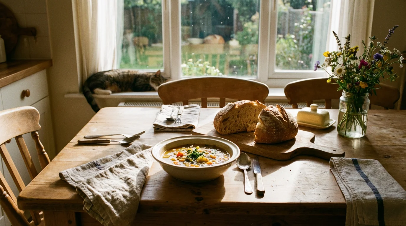 A simple, sunlit kitchen table set for guests with soup and bread.