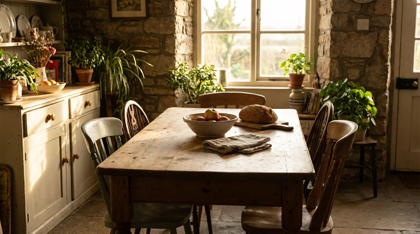 A simple kitchen table set for a humble, welcoming meal.