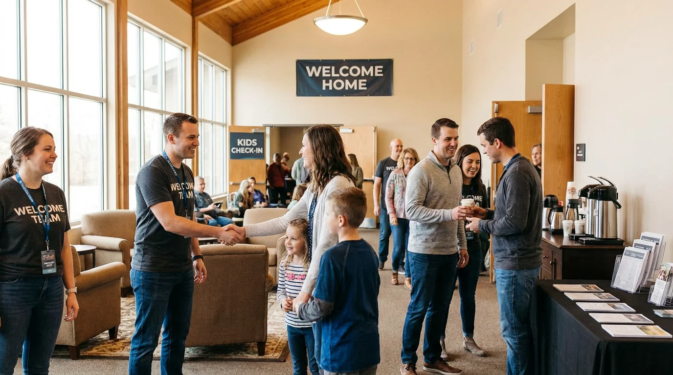 A welcoming church foyer where volunteers greet newcomers with warmth.