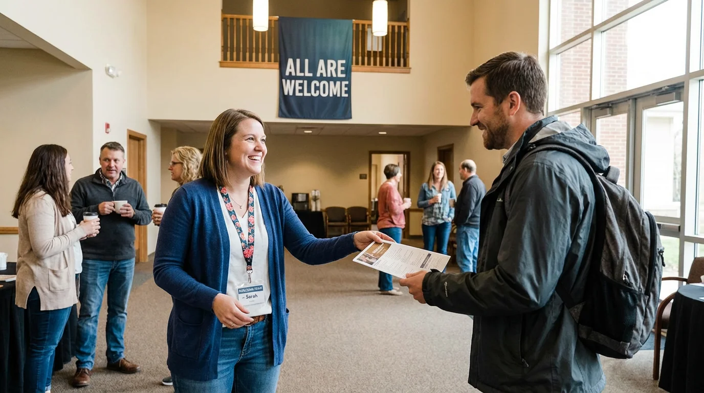 A friendly church lobby scene where a volunteer welcomes a newcomer.