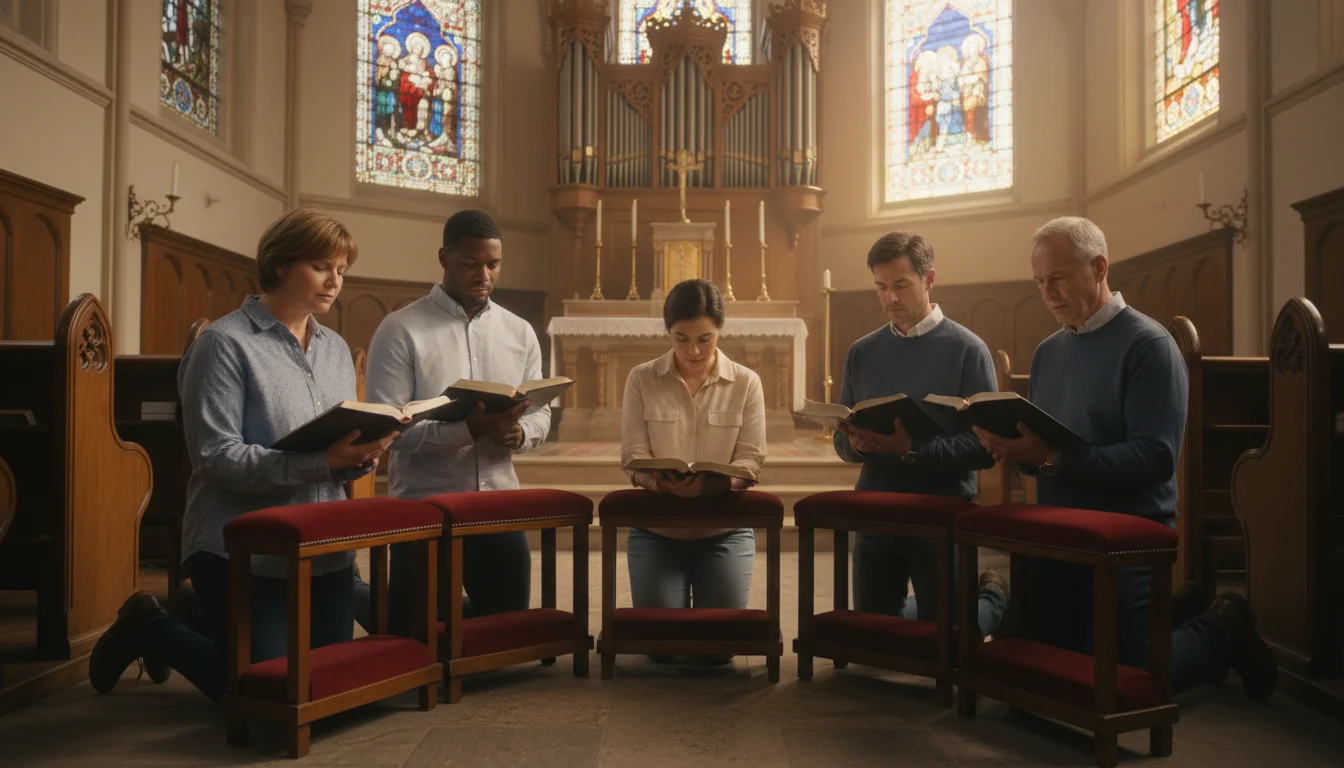 A small group of women and men praying with open Bibles in a peaceful church sanctuary.