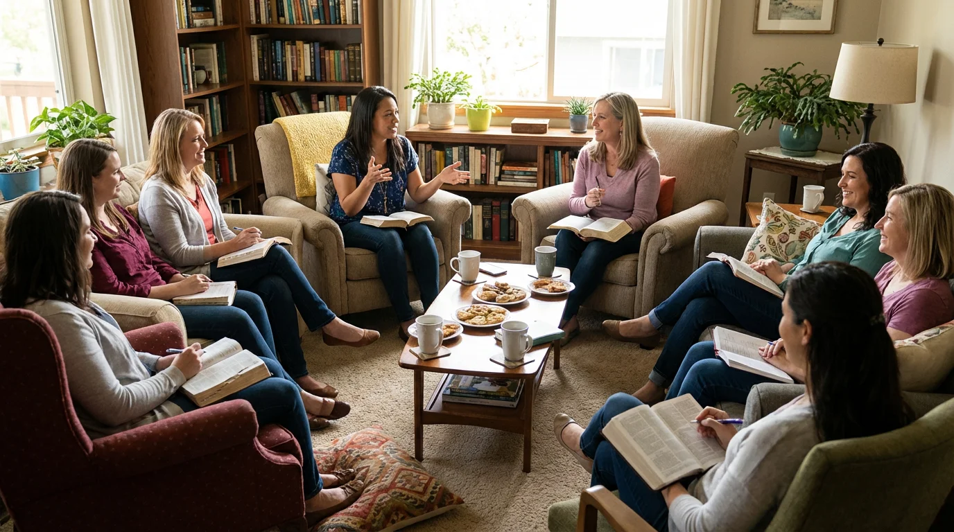 Women gathered in a living room circle, reading the Bible together.