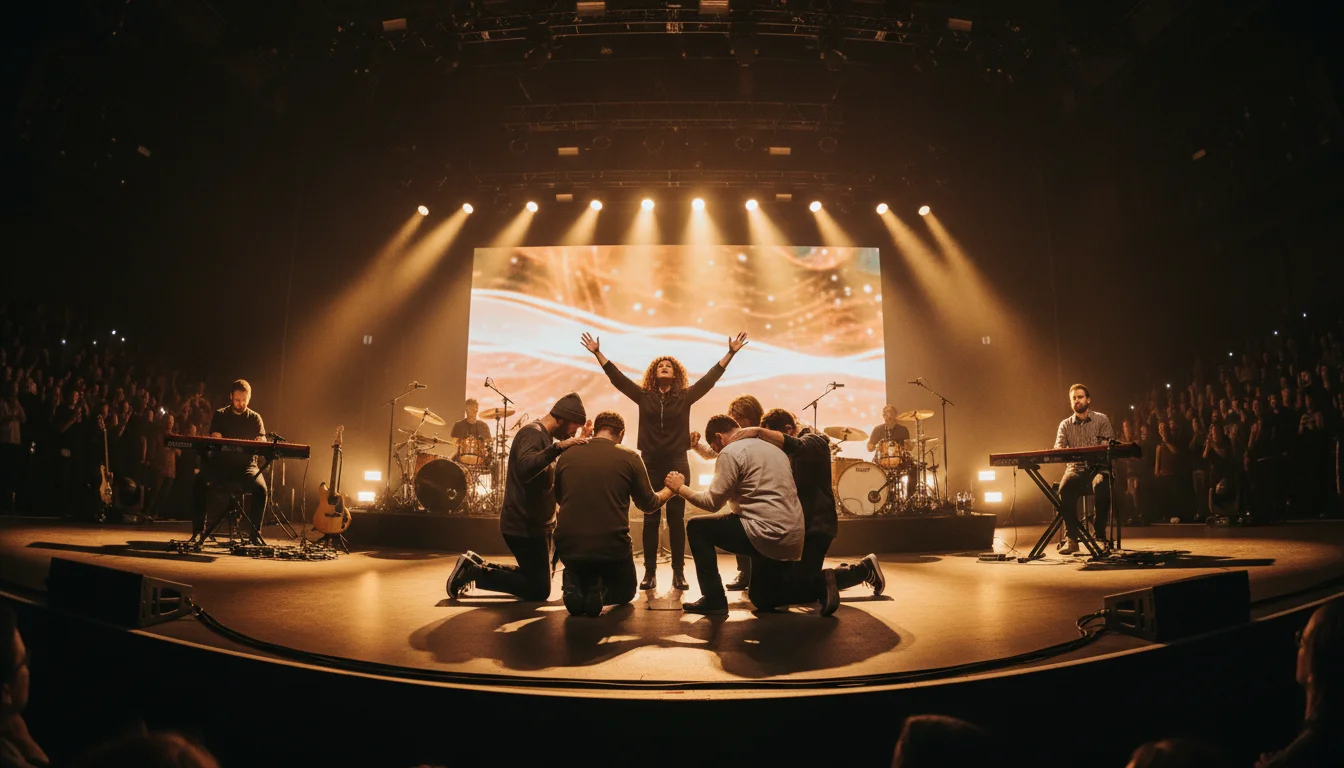 A worship band pauses to pray together on stage before rehearsal.