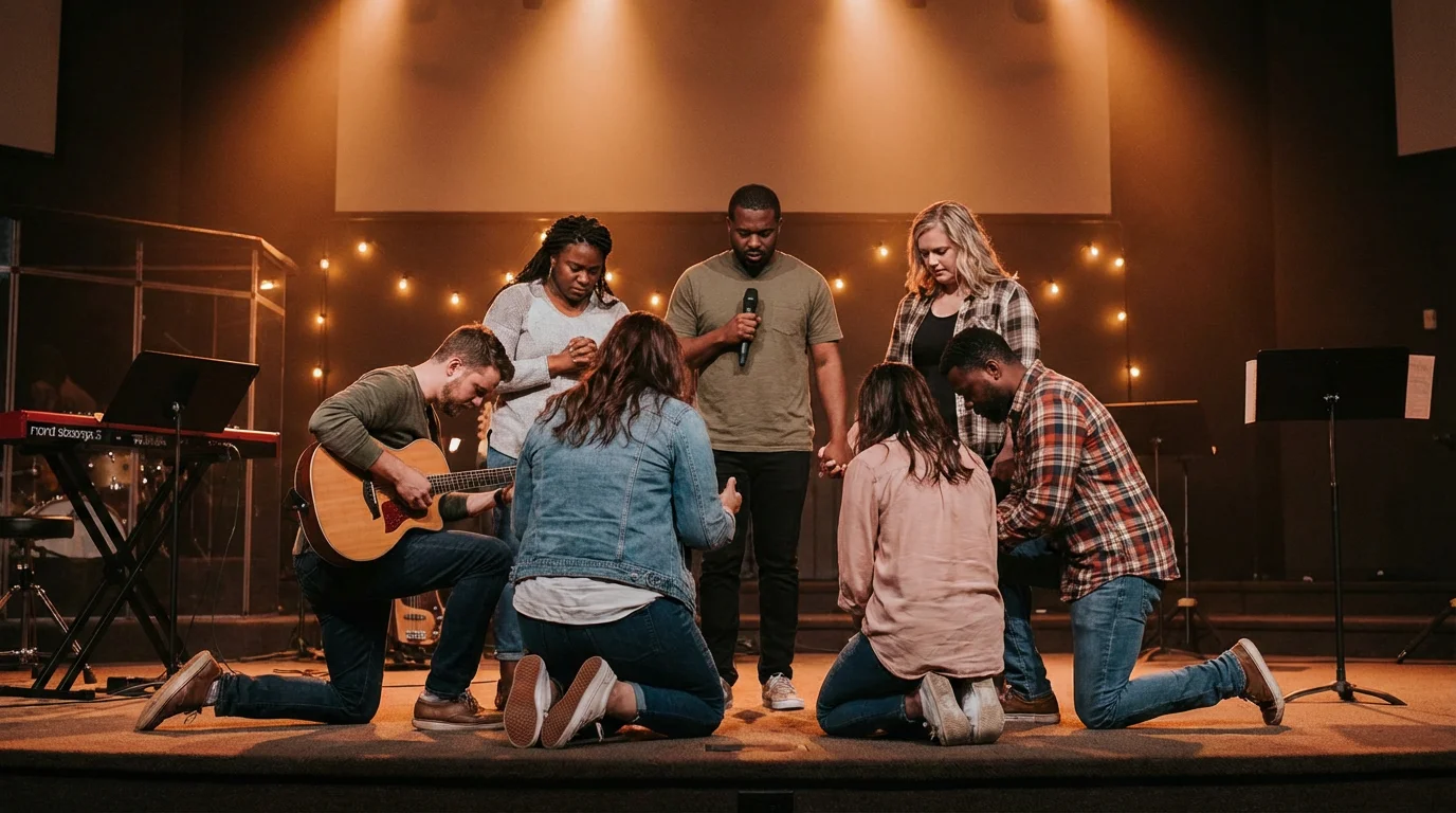 A worship team prays together on stage before the service.