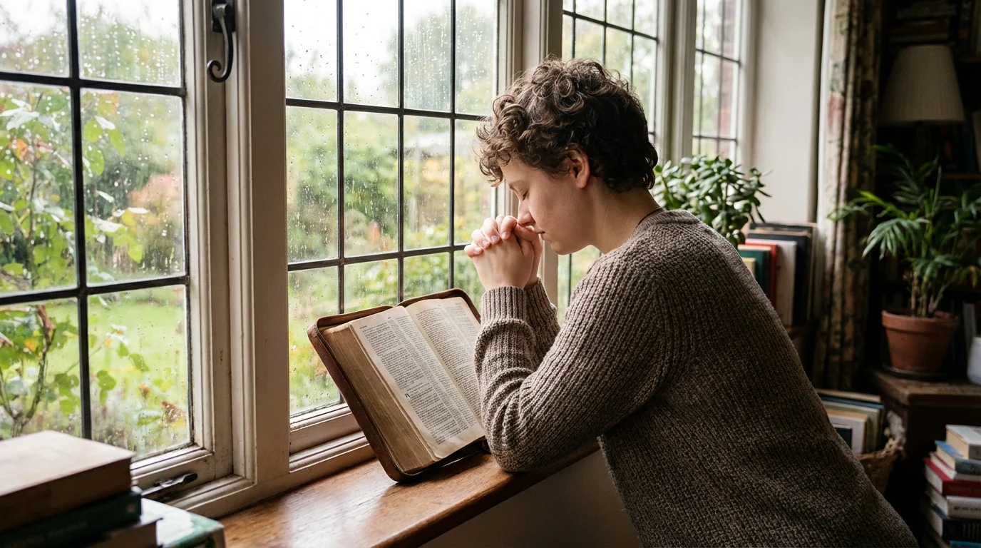 A thoughtful young person by a window prayerfully reflecting with an open Bible.