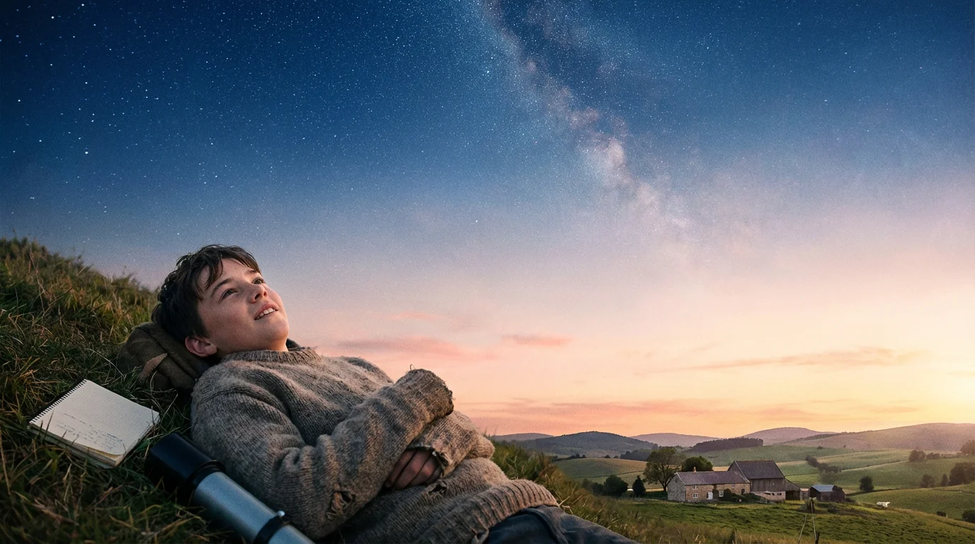 A young dreamer looks out at a starry sky as dawn begins to rise.