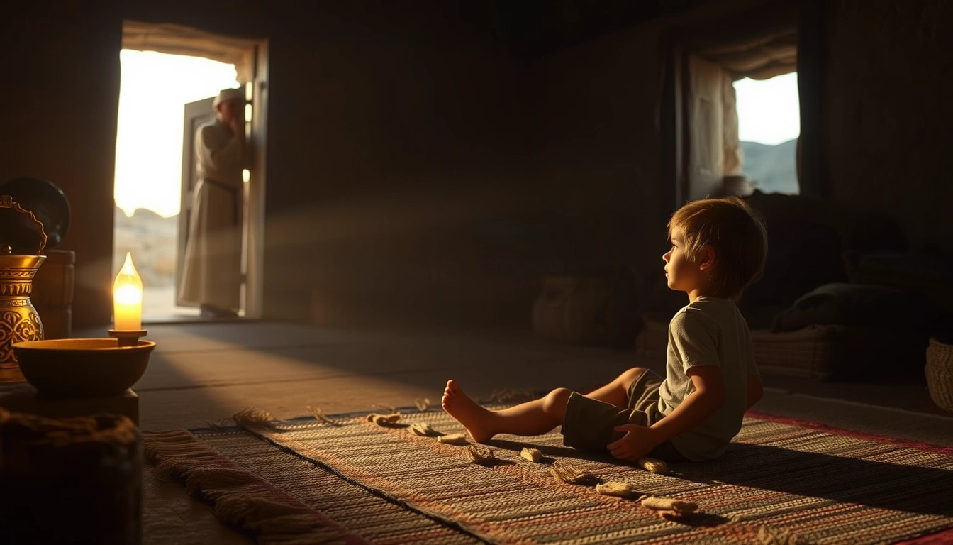 Young Samuel sits alert in the tabernacle at dawn, listening for God.