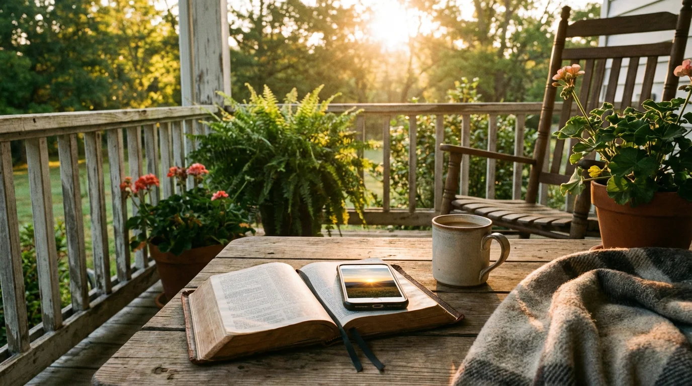 A thoughtful morning moment with a Bible and phone on a porch.