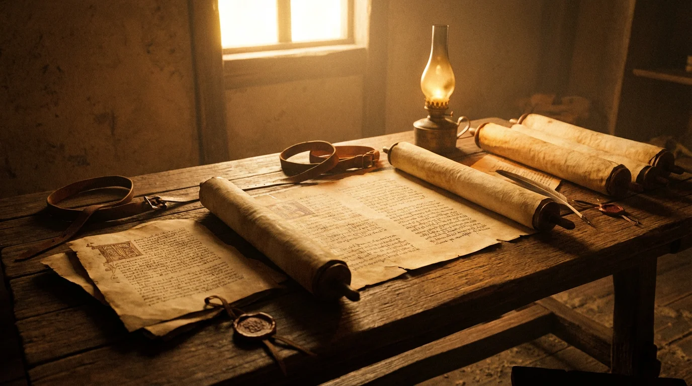 Ancient parchment scrolls on a rustic wooden table bathed in warm golden light from a nearby window