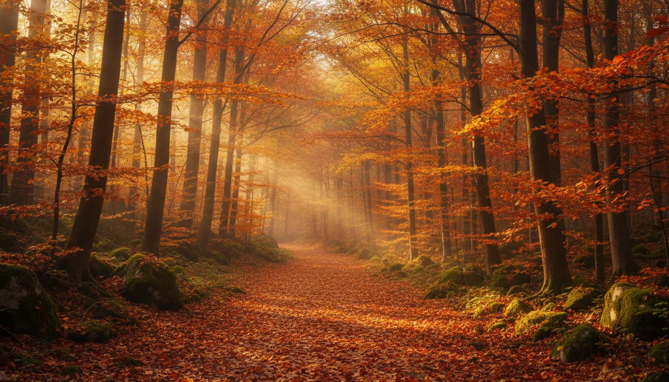 A peaceful autumn forest path with golden leaves and soft sunlight filtering through the trees