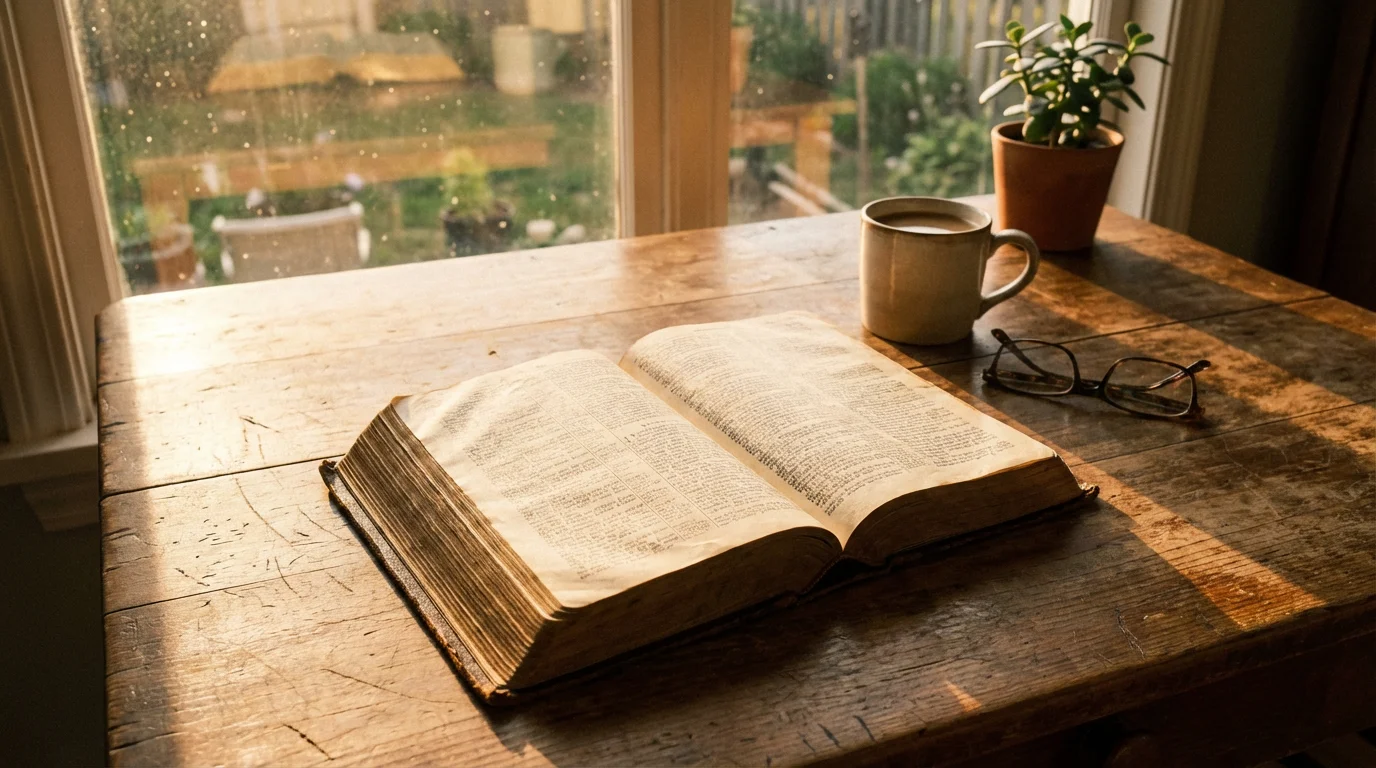 Open Bible on a wooden table in warm morning light, symbolizing God’s rest and completion