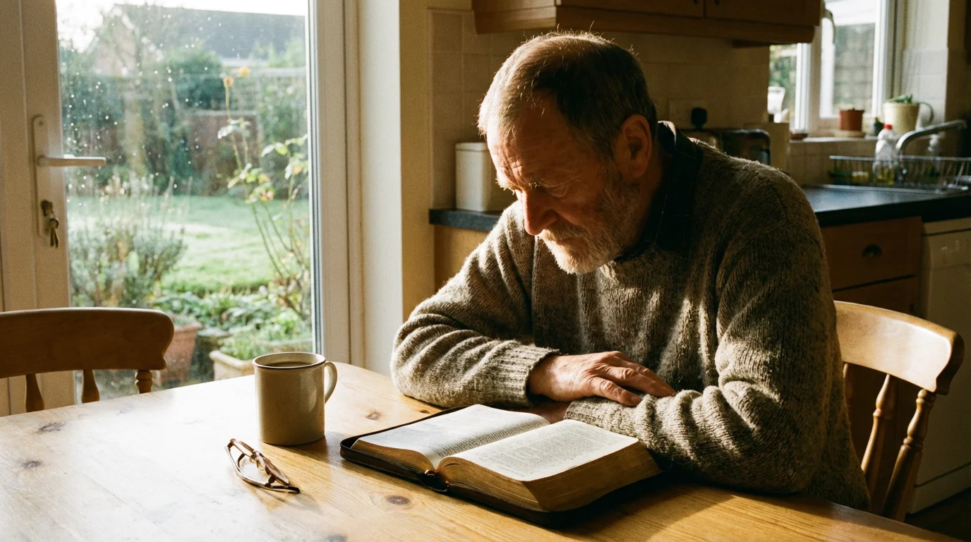 Person studying the Bible at a table in warm morning light