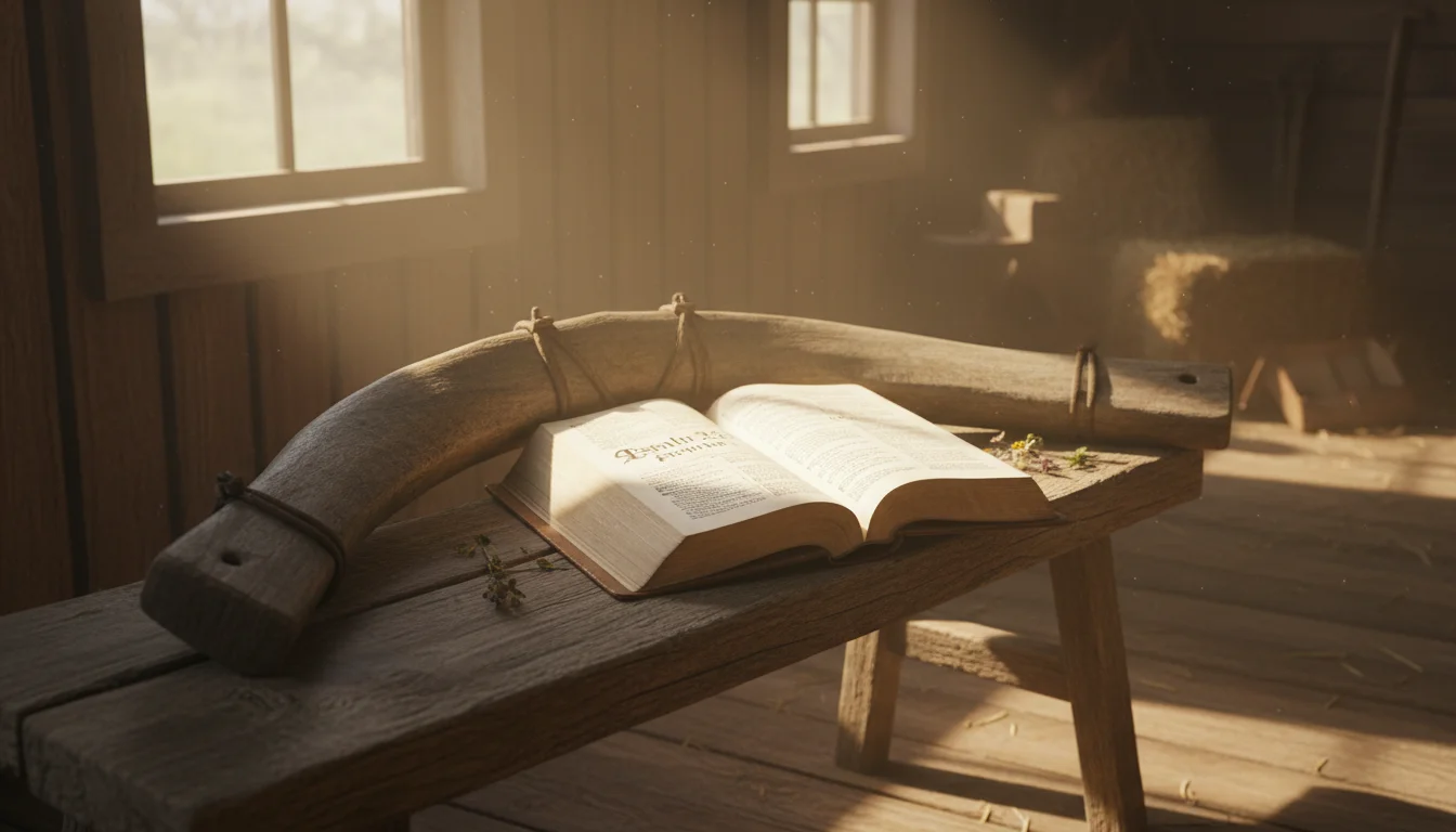 Wooden farm yoke beside an open Bible in soft morning light