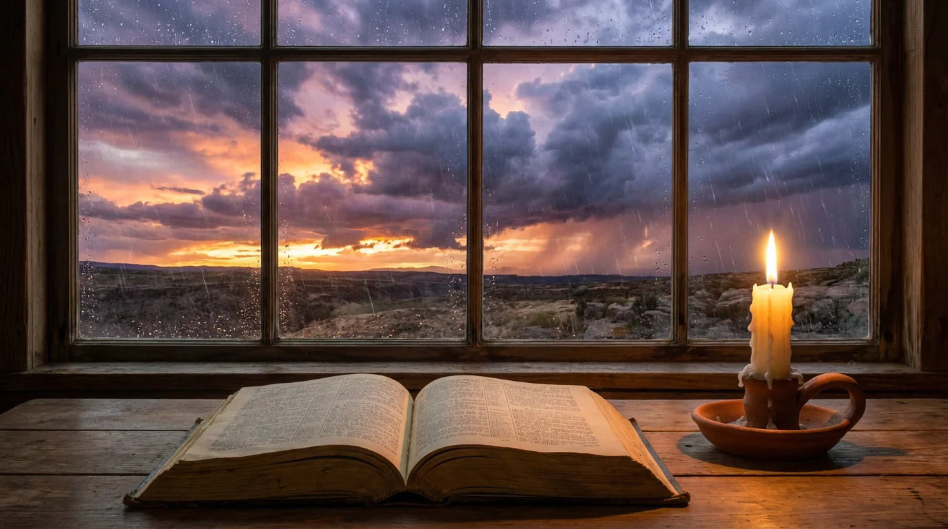An open Bible on a wooden table beside a glowing candle with sunrise breaking through storm clouds outside a window