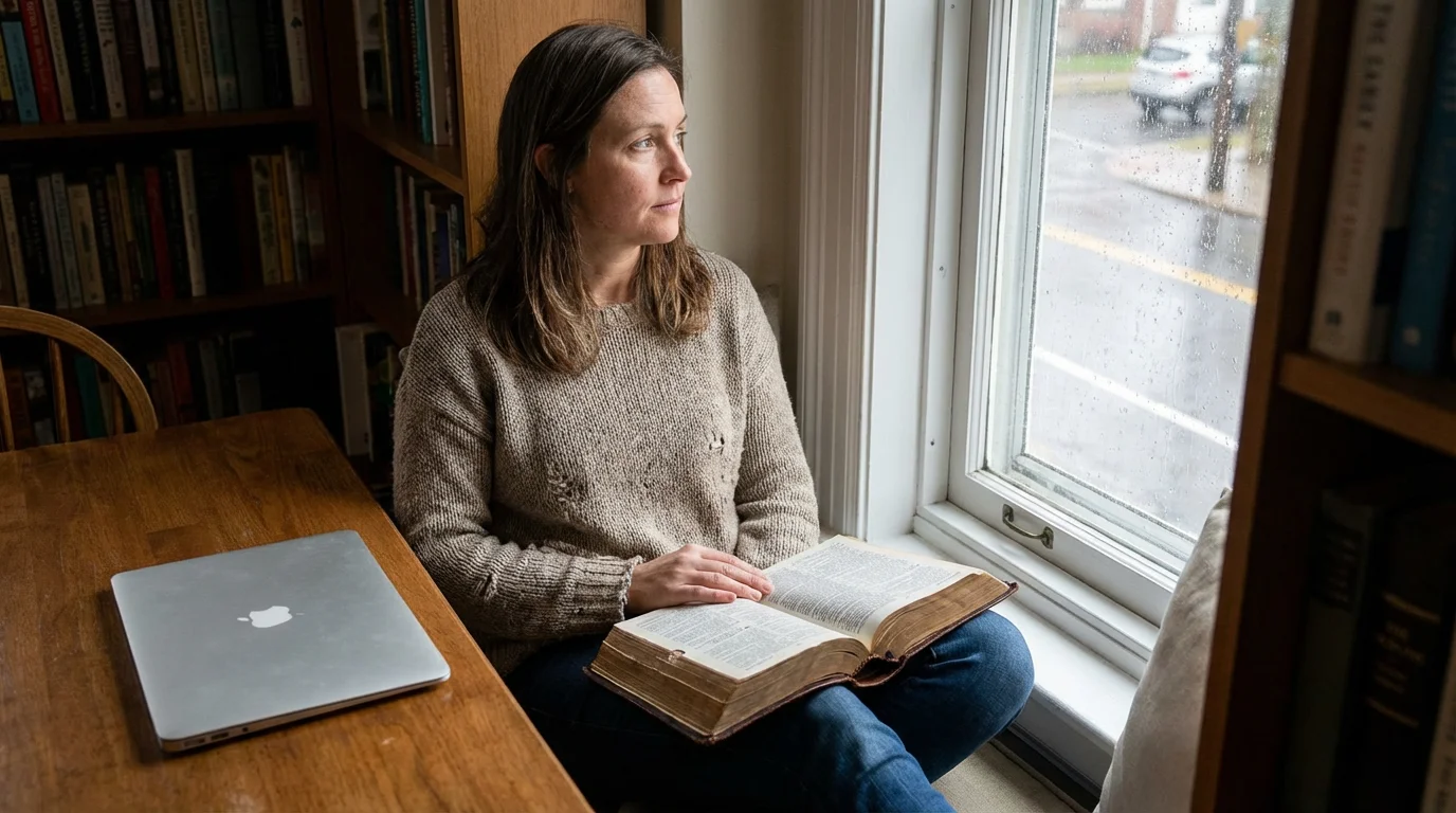 Person reflecting with open Bible beside closed laptop
