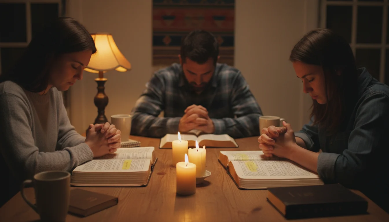 Small group gathered around open Bibles in a living room, praying together at the end of a Bible study