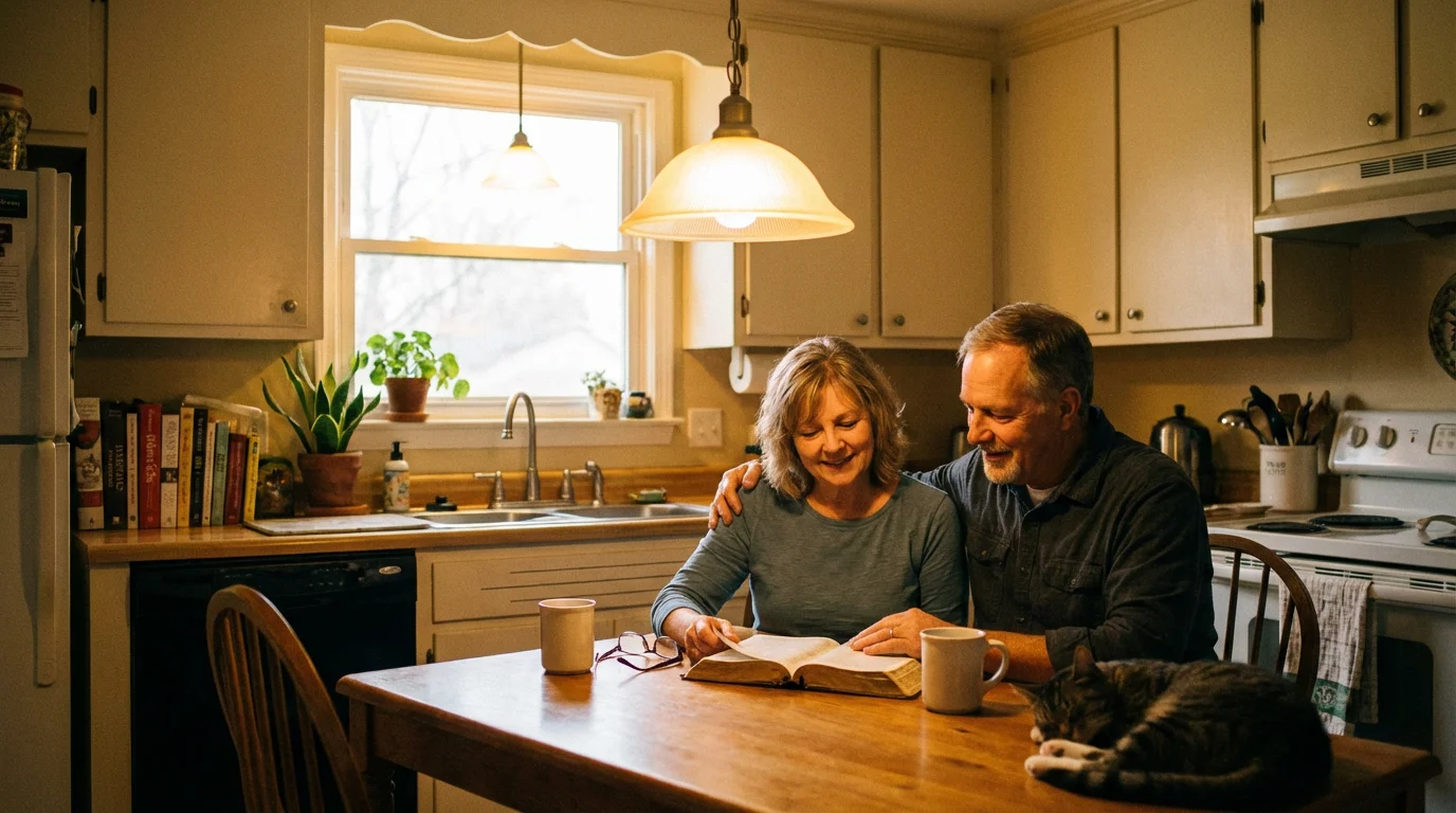 Married couple reading the Bible together at a kitchen table