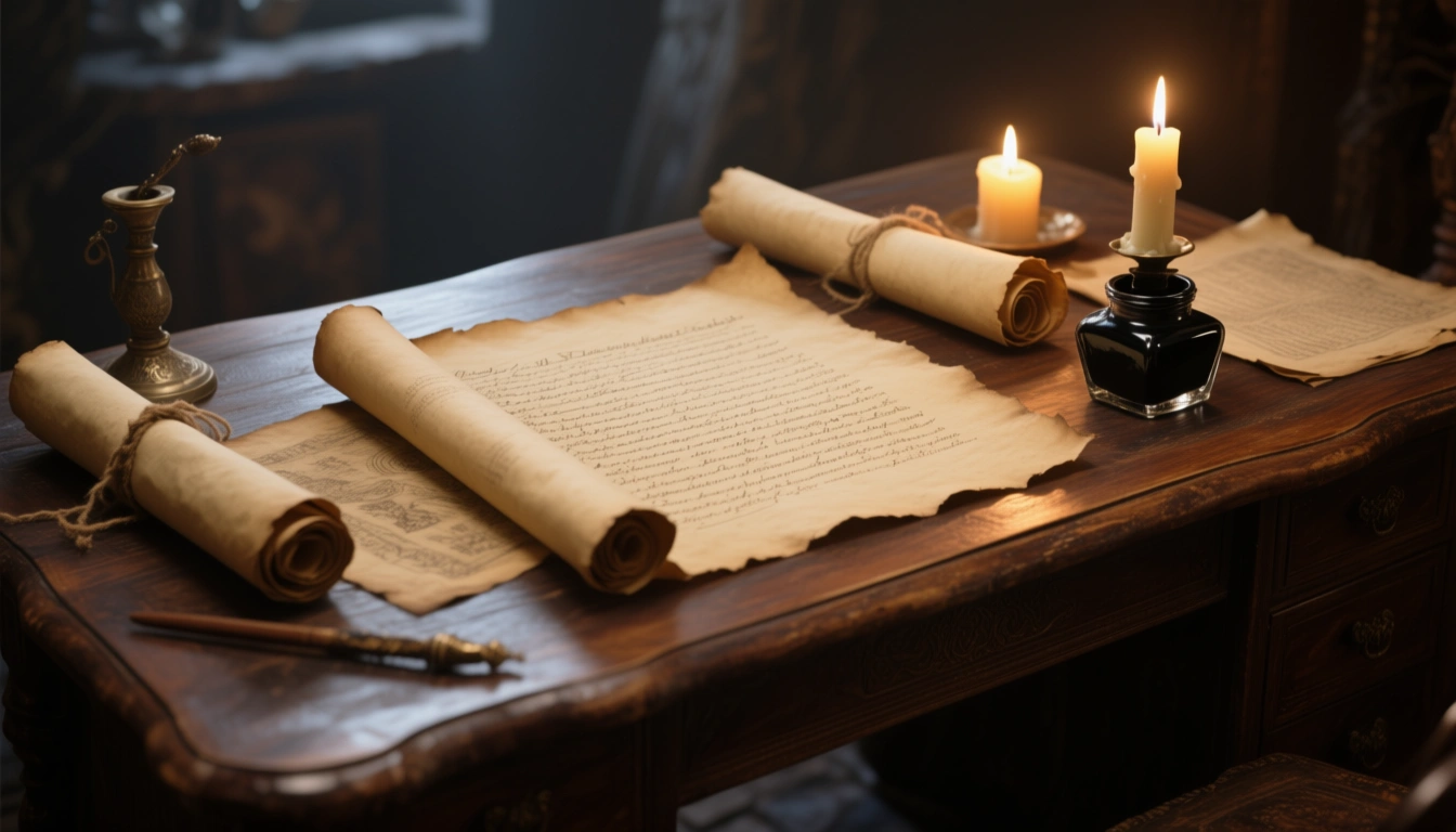 Ancient biblical scrolls and parchment on a wooden desk illuminated by candlelight