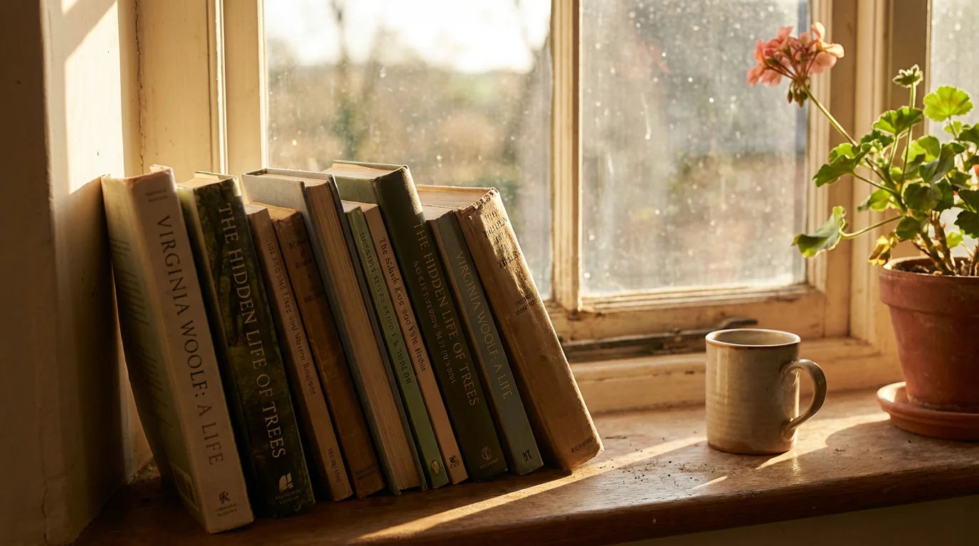 Stack of well-loved books on a sunlit windowsill