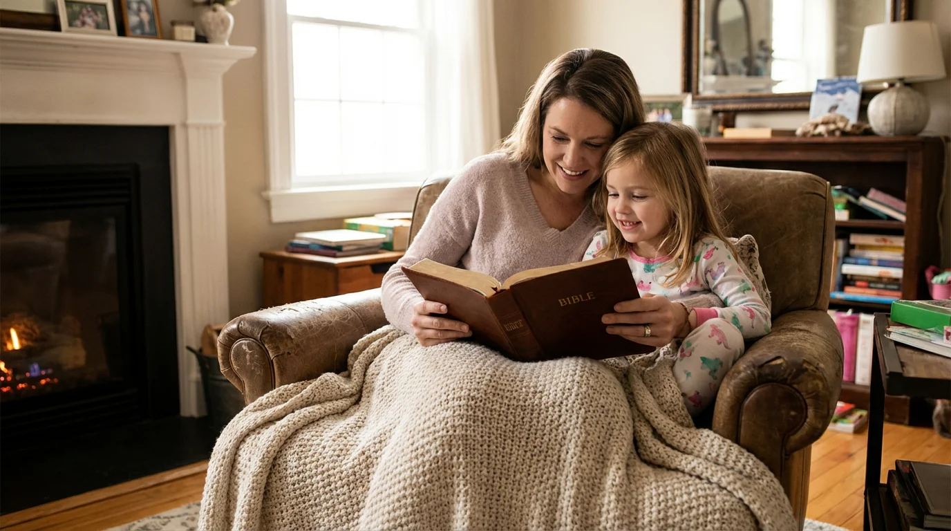 Mother and daughter reading the Bible together in a cozy home