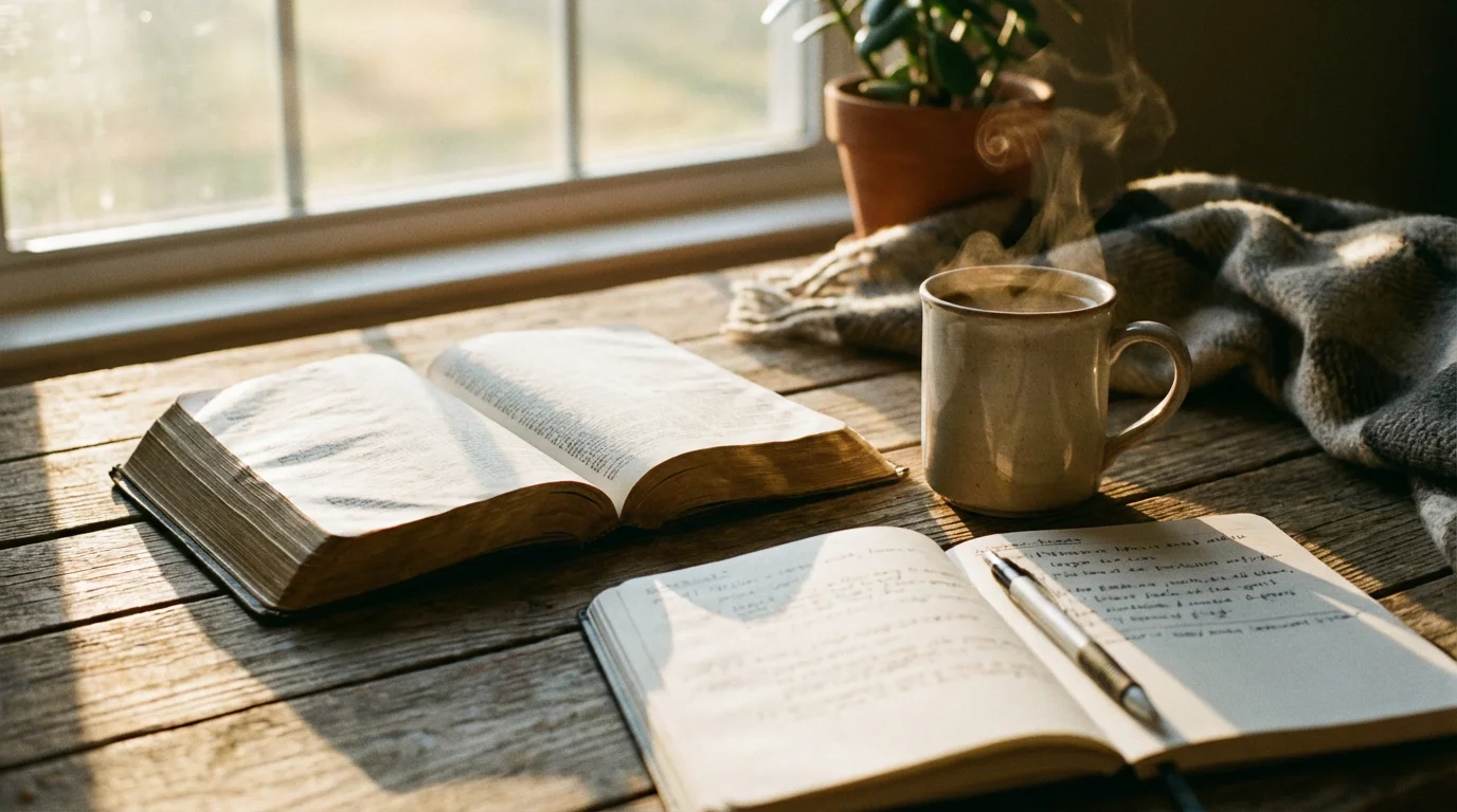 Open Bible on a wooden table with morning light, coffee, and notebook