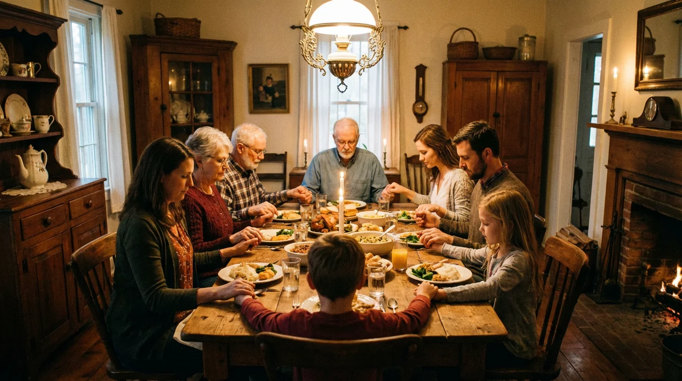 Family gathered around a dinner table praying with gratitude before a meal