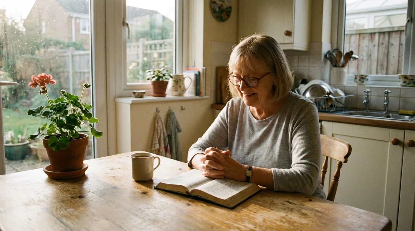 Open Bible and notebook on a kitchen table with a woman reading in morning light